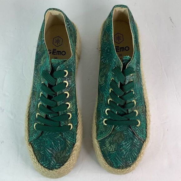 GEMO Round Toe Lace Tie Platform  Green/Leafs Print Espadrilles Sz 38/US 7.5 - Picture 5 of 10